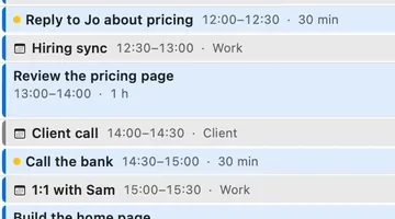 The day after Apply: Reply to Jo about pricing at 12:00 and Call the bank at 14:30, marked as new, between the meetings.
