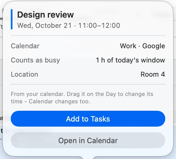 A meeting's card in ALT: Design review, 11:00-12:00, from the Work calendar in Google, counts as busy for 1 hour of today's window, with the buttons Add to Tasks and Open in Calendar.