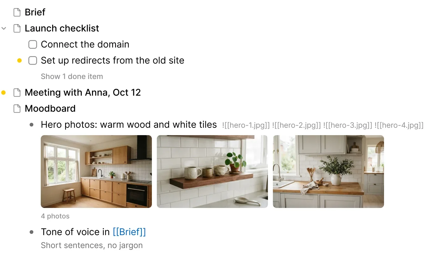Project notes in ALT's outliner: a launch checklist, notes from a meeting and a moodboard with three photos.