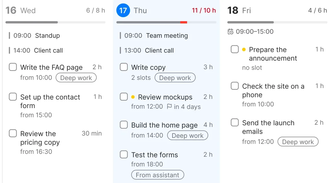 Three days of a week in ALT: Wednesday 6 of 8 hours, Thursday 11 of 10 hours in red, Friday 4 of 6 hours, with meetings and tasks with their times.