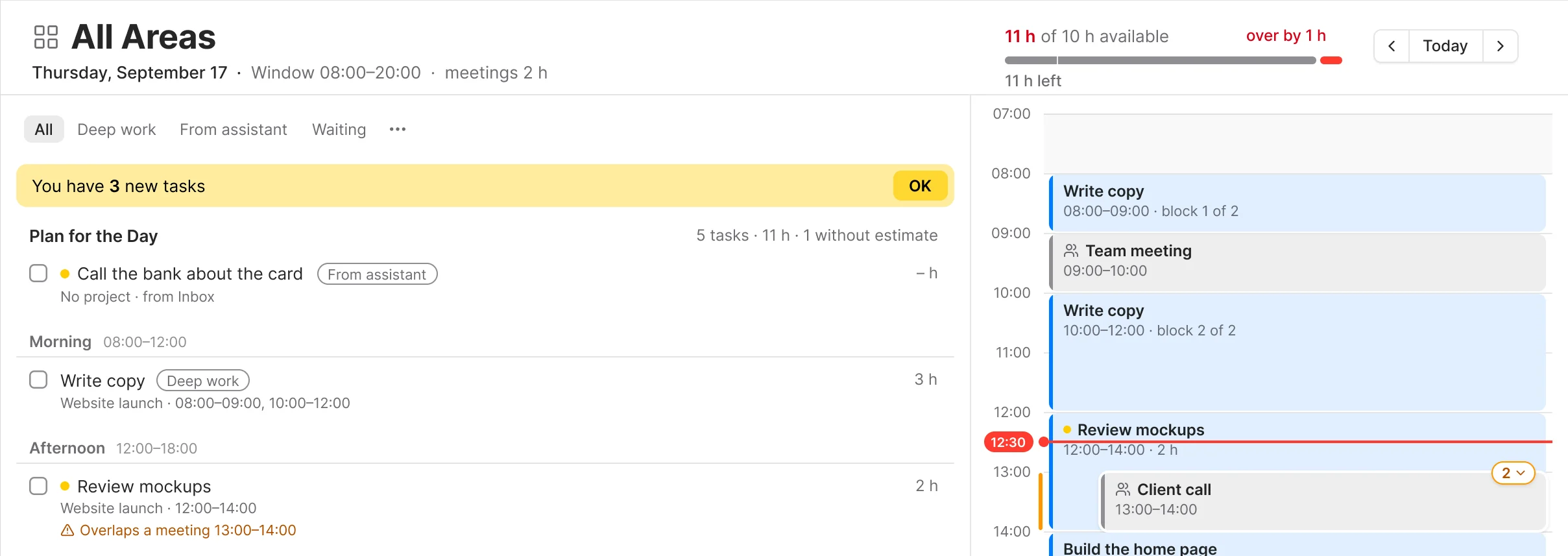 The Day in ALT: Write copy planned in two blocks, 08:00-09:00 and 10:00-12:00, around a team meeting, marked block 1 of 2 and block 2 of 2, next to the day's list and its load of 11 of 10 hours.