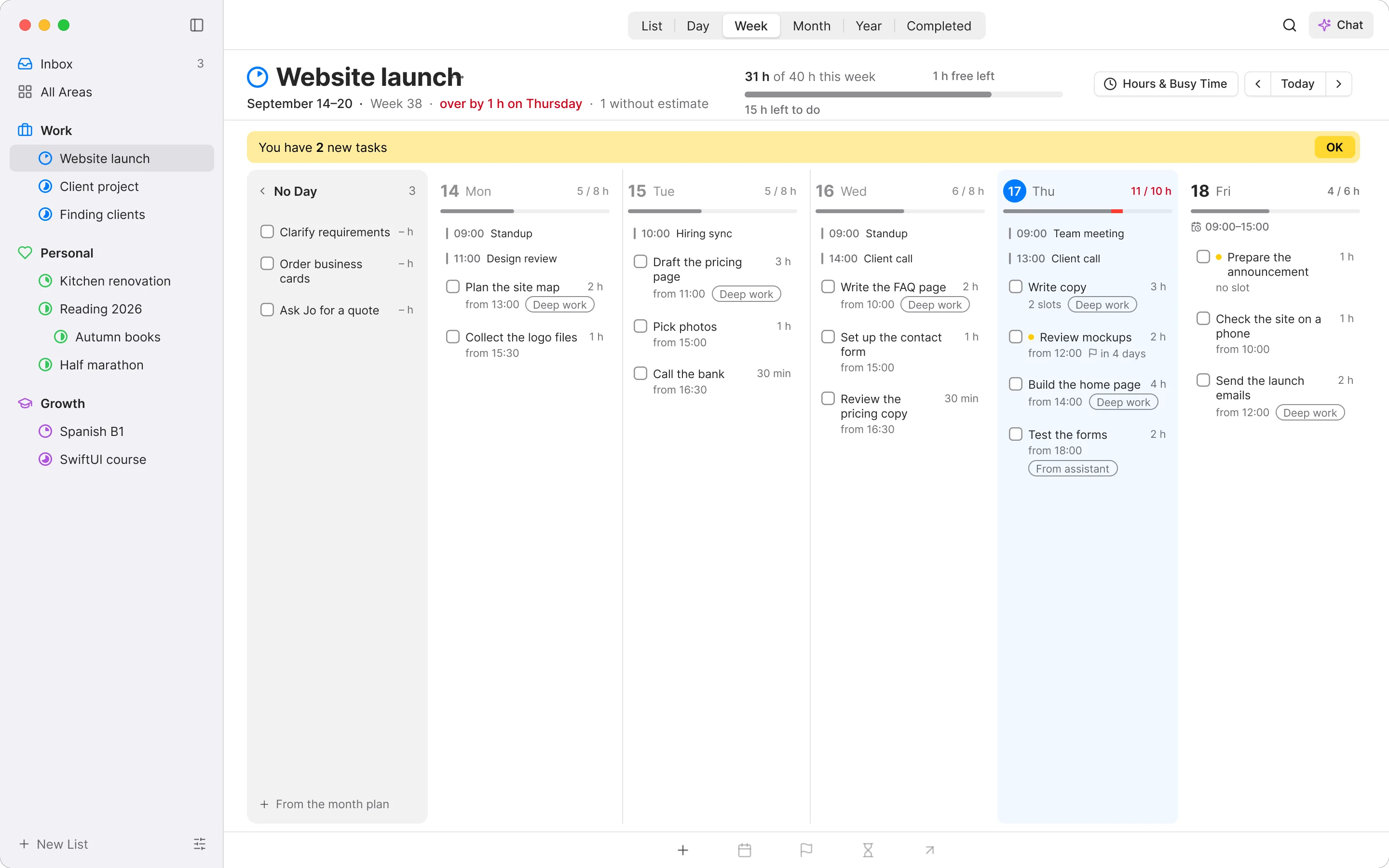 A full week in ALT: meetings and tasks on every day, planned against available hours, Thursday over by 1 hour, and tasks without a day in their own column.