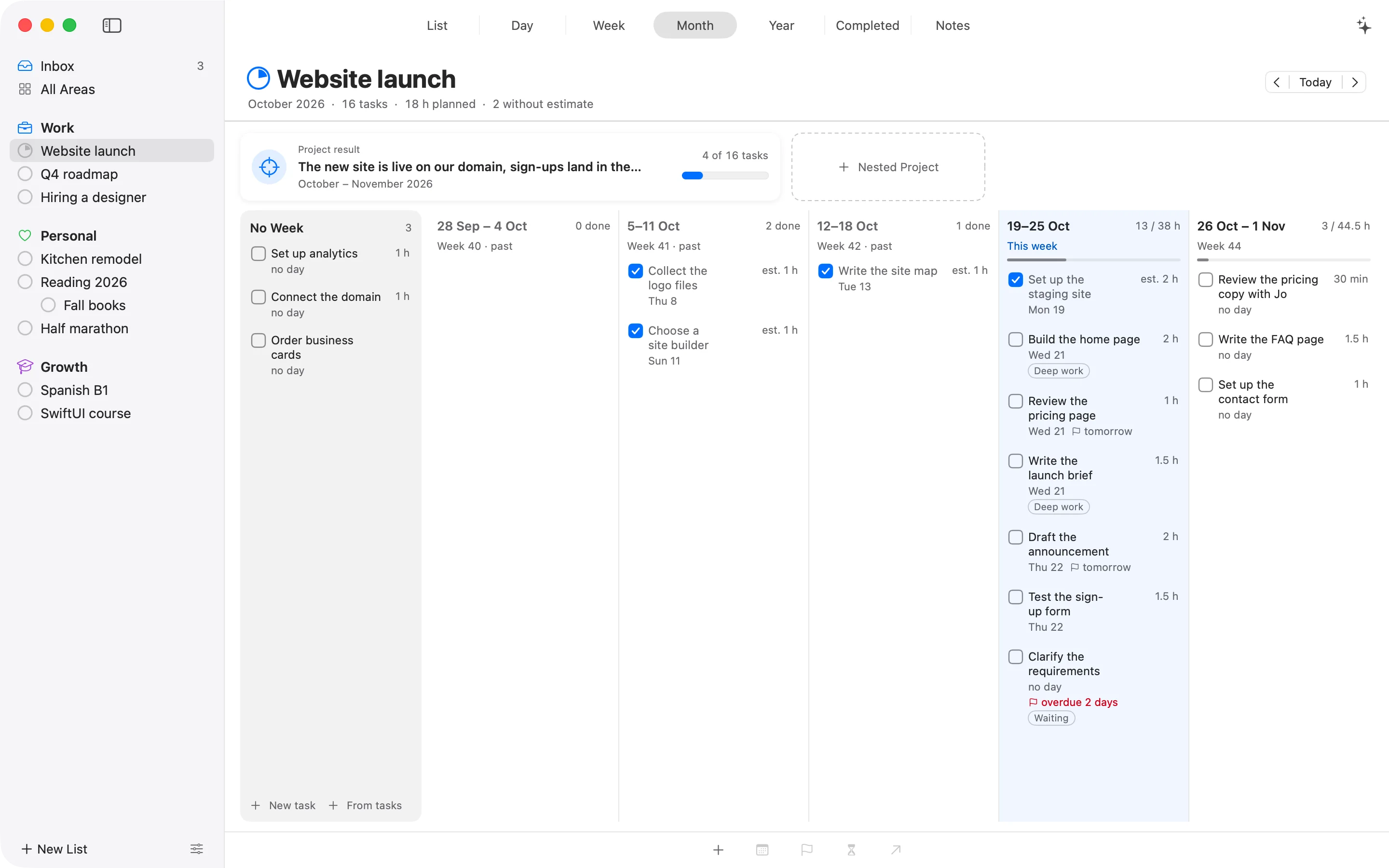 The Month of the project Website launch: its result, the tasks without a week, and the weeks of October with their hours.